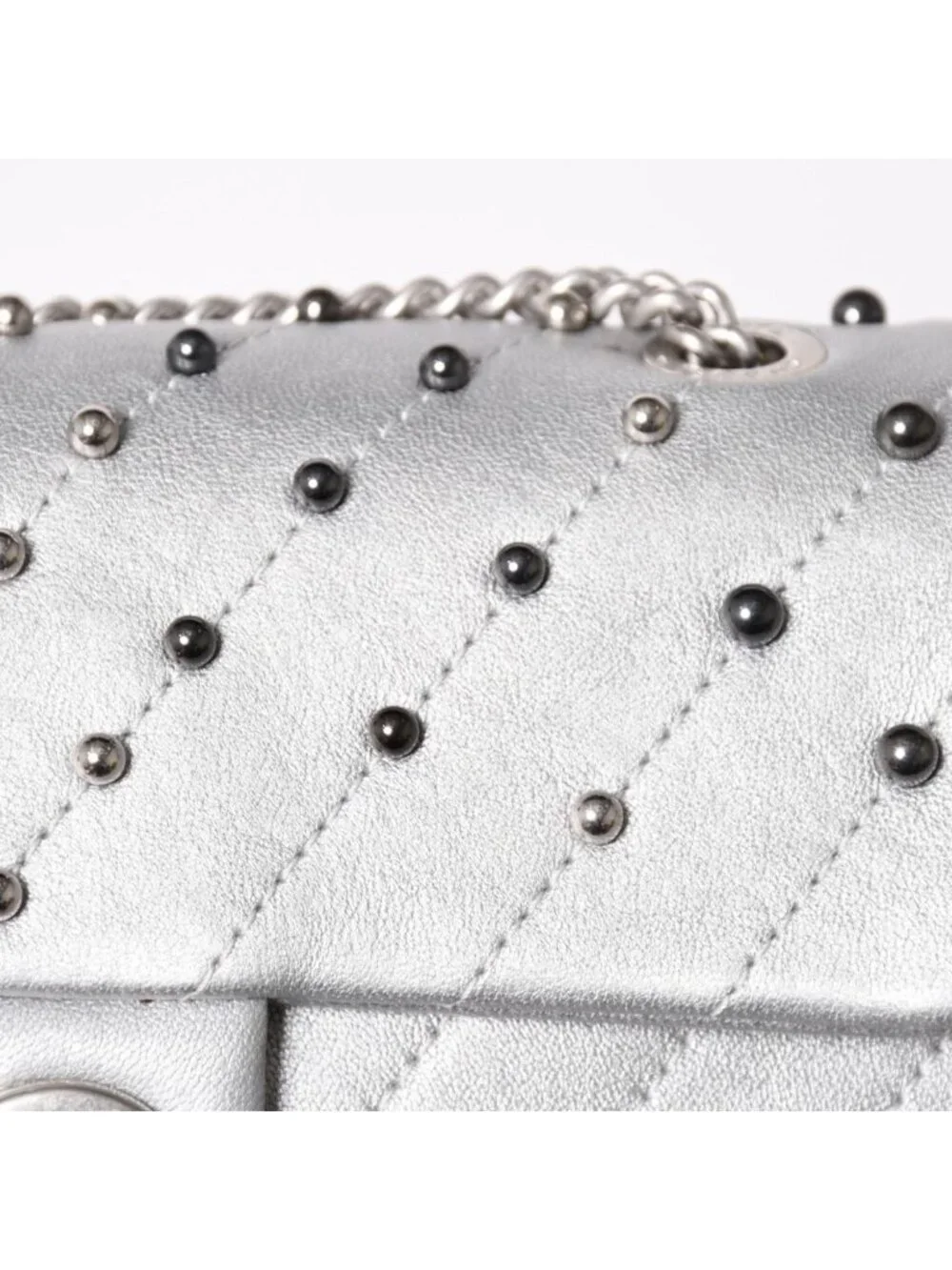 Chanel Chevron Stud Wars Chain Shoulder Bag CC Logo Calfskin Silver